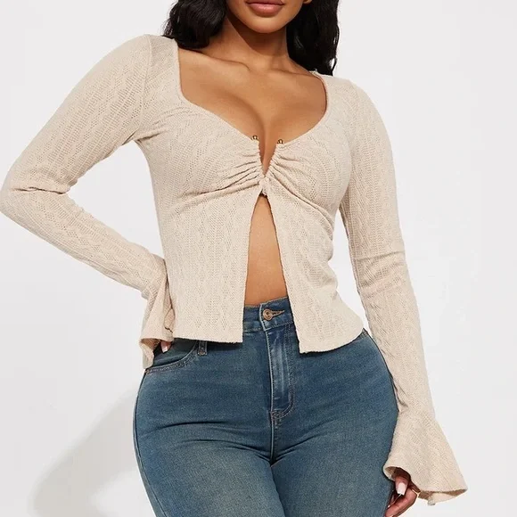Beige Ruched Front Knit Top - Picture 2 of 6